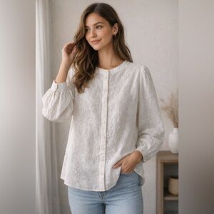 Jennifer & Grace Women’s Floral Embroidered Puff Sleeve White Button Down Top XL